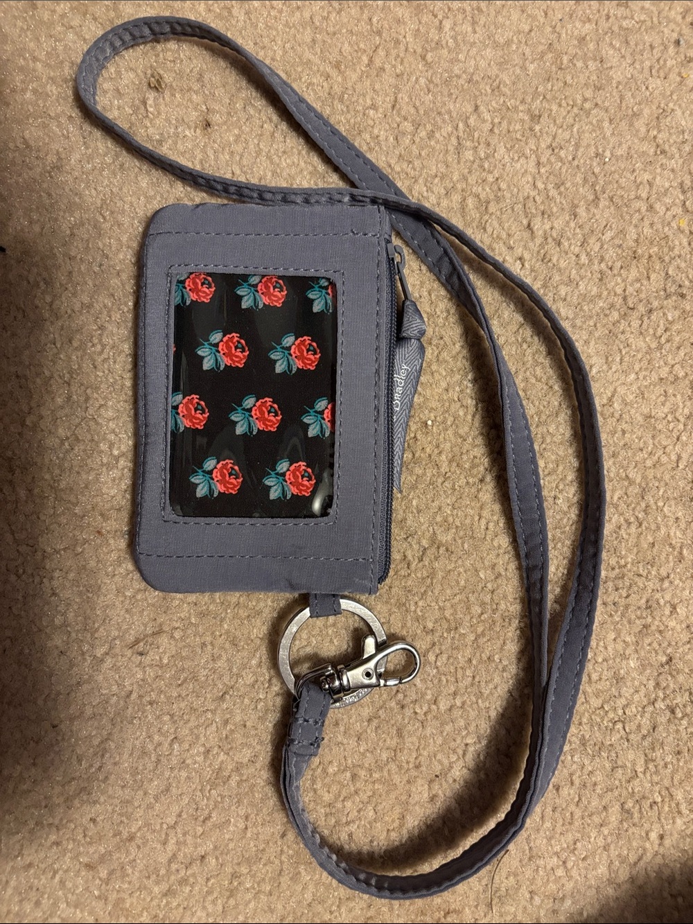 Vera Bradley Gray ID Card Holder Lanyard with Key Ring